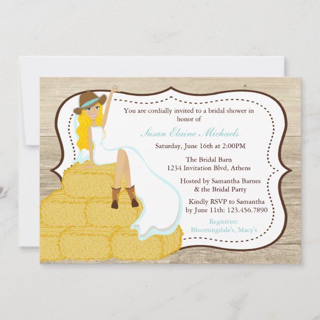 Invitation Chic Turquoise Cowgirl Country Bride Fête de l'mar (Devant)