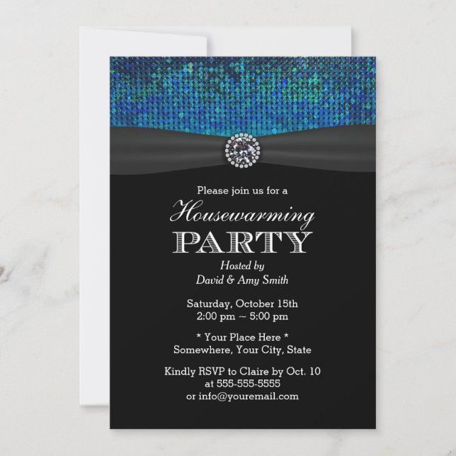 Invitation Chic Turquoise & Paillettes Bleues Diamant Ménage (Devant)