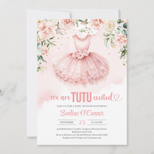Invitation Chic tutu rose rose floral rose robe or éclatant (Devant)