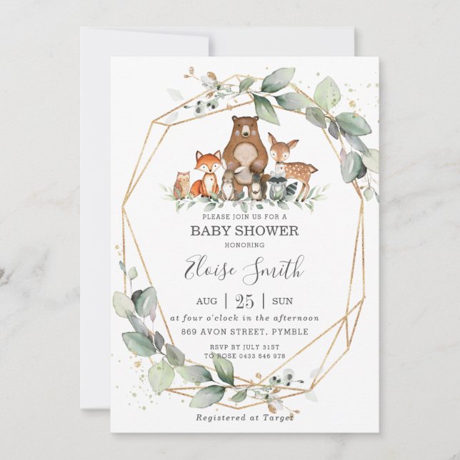 Invitation Chic verdure Bois Animaux Baby shower Neutre (Devant)