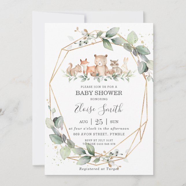 Invitation Chic verdure Bois Animaux Baby shower Neutre (Devant)