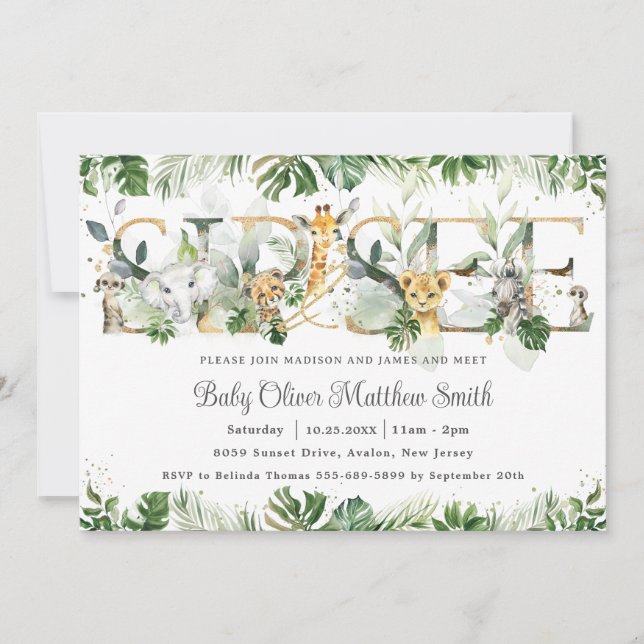 Invitation Chic verdure mignonne Jungle Animaux Baby Sip and  (Devant)