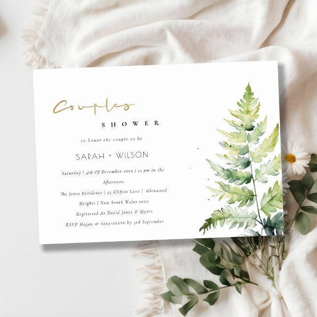 Invitation Chic Vert Aquarelle Fern Foliage Couples Douche (Créateur téléchargé)