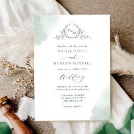 Invitation Chic Vert Aquarelle, Mariage Monogramme