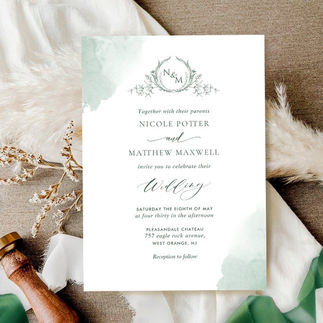 Invitation Chic Vert Aquarelle, Mariage Monogramme (Créateur téléchargé)