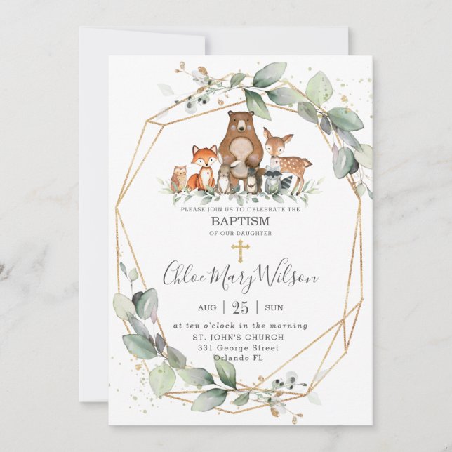 Invitation Chic Vert Bois Animaux Baptême Christening (Devant)
