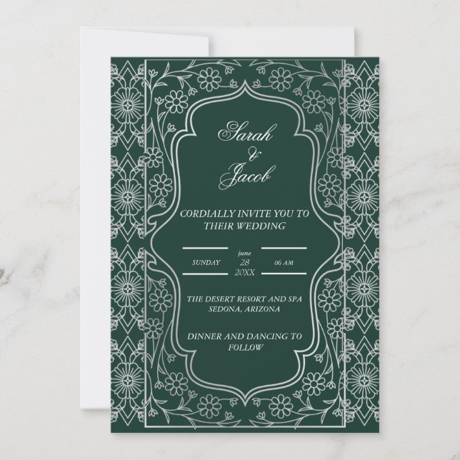 Invitation chic vert émeraude et blanc mariage (Devant)