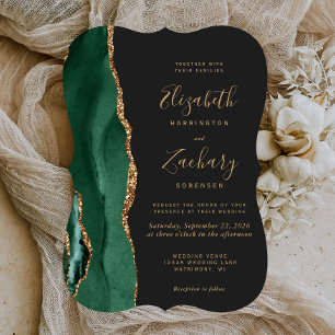 Invitation Chic Vert Émeraude Or Agate Sombre Support Mariage