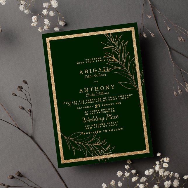 Invitation Chic vert foncé parties scintillant feuille Mariag (Chic dark green gold glitter leaf floral Wedding )