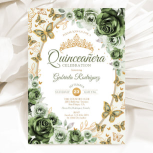 Invitation Chic Vert Sauge Or Floral Quinceanera