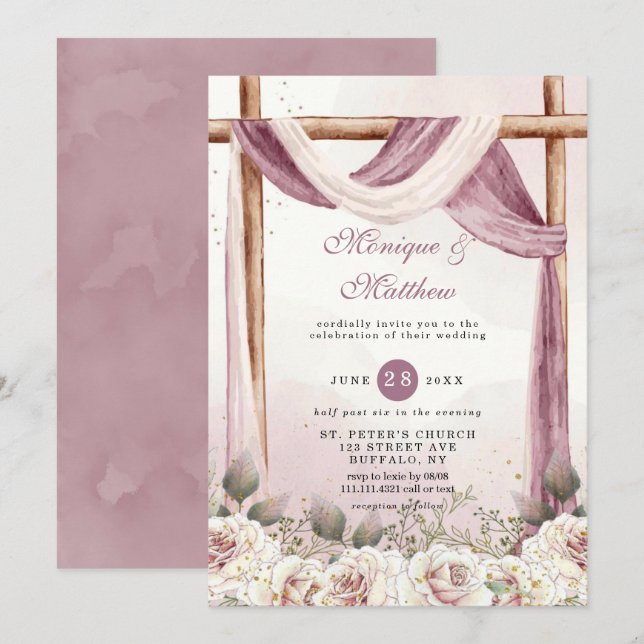 Invitation Chic violet blanc à canopée Florals Mariage (Devant / Derrière)