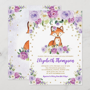 Invitation Chic Violet Floral Woodland Fox Baby Girl Douche