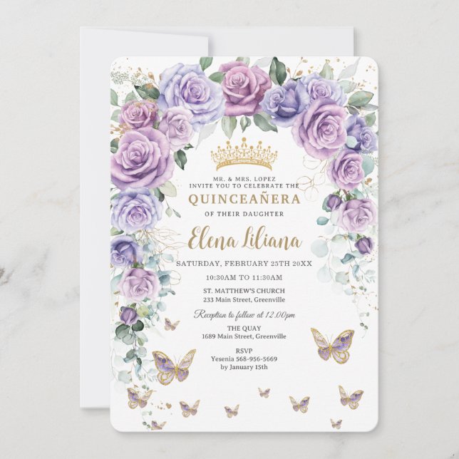 Invitation Chic violet Lavande Lavande Flore Arc Quinceañera (Devant)
