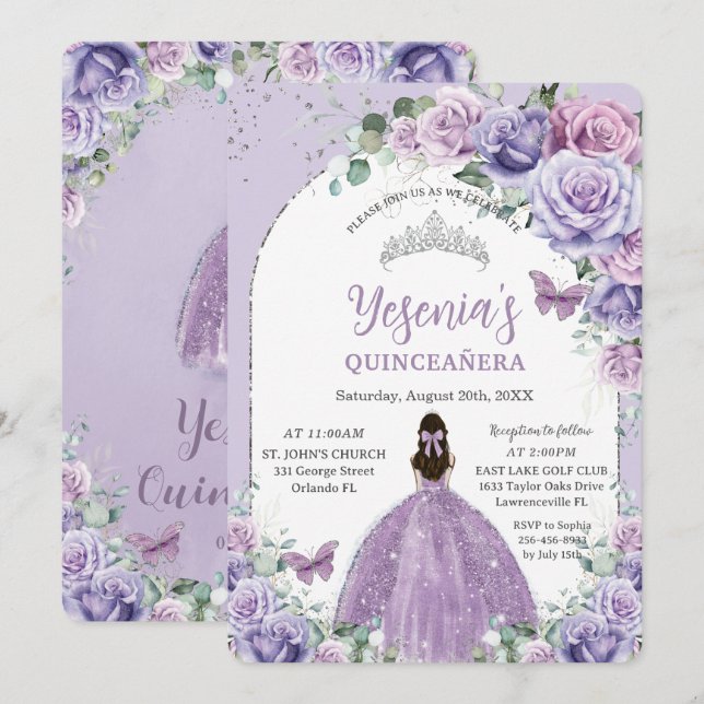 Invitation Chic violet Lilac Floral Quinceañera Arc Argent (Devant / Derrière)