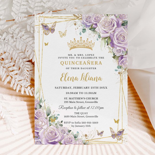 Invitation Chic violet Lilac Roses Floral or Quinceañera XV (Créateur téléchargé)