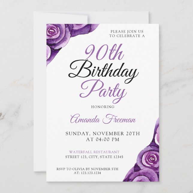 Invitation Chic violet Rose 90e anniversaire (Devant)