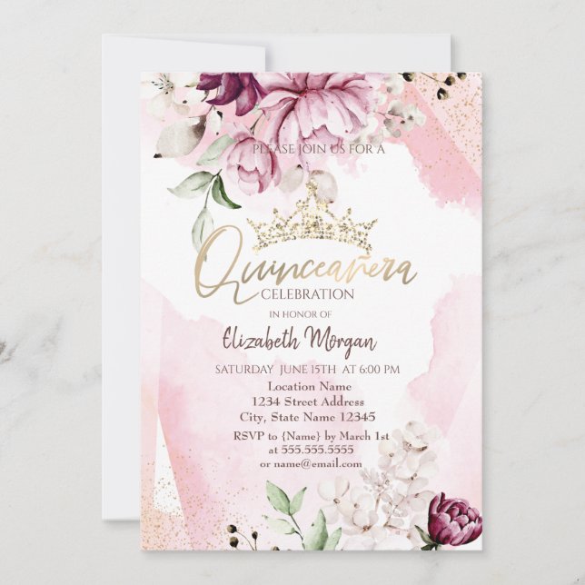 Invitation Chic Violet Rose Couronne Quinceañera (Devant)
