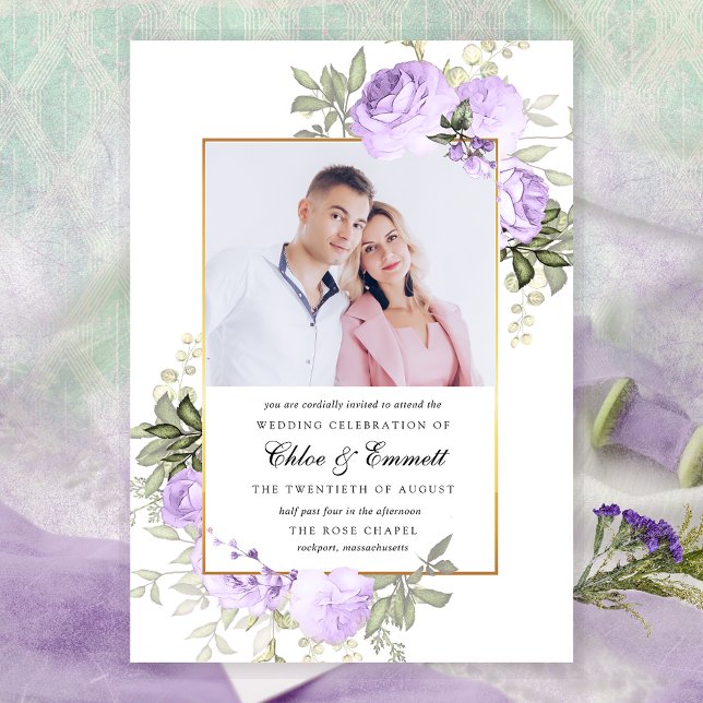 Invitation Chic violet Rose Rustique Floral Mariage Photo (Créateur téléchargé)