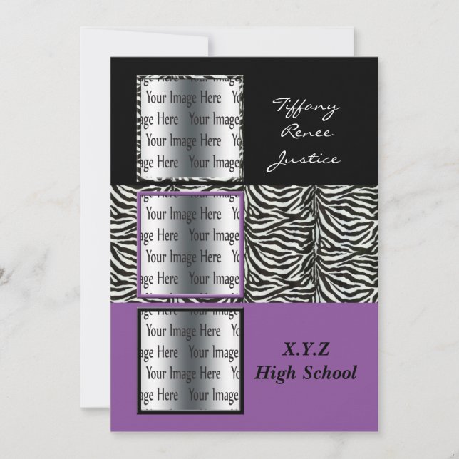 Invitation chic violet triple photo Graduation (Devant)