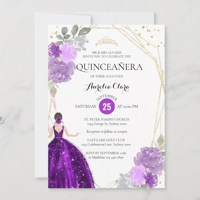 Invitation Chic Violet Violet Floral Géométrique Quinceañera (Devant)