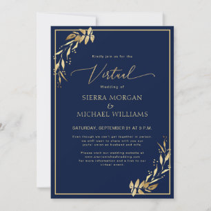 Invitation Chic Virtual Navy Blue & Golden Foliage Mariage
