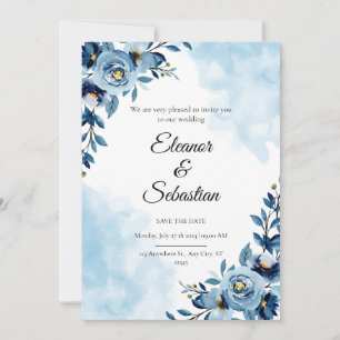 Invitation Chic Watercolor Blue Flower Enregistrer le Mariage