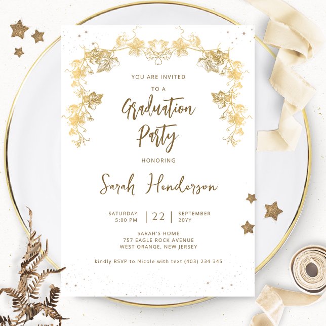 Invitation Chic White et Gold Starry Night Graduation Party (Créateur téléchargé)