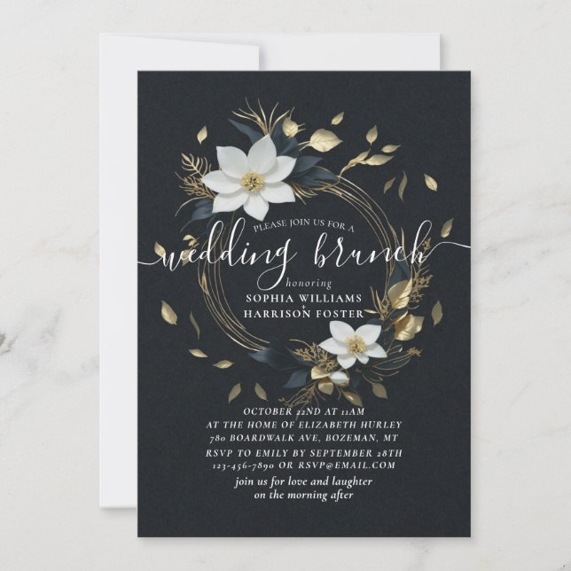 Invitation Chic White Gold Floral Wreath Photo Mariage Brunch (Devant)