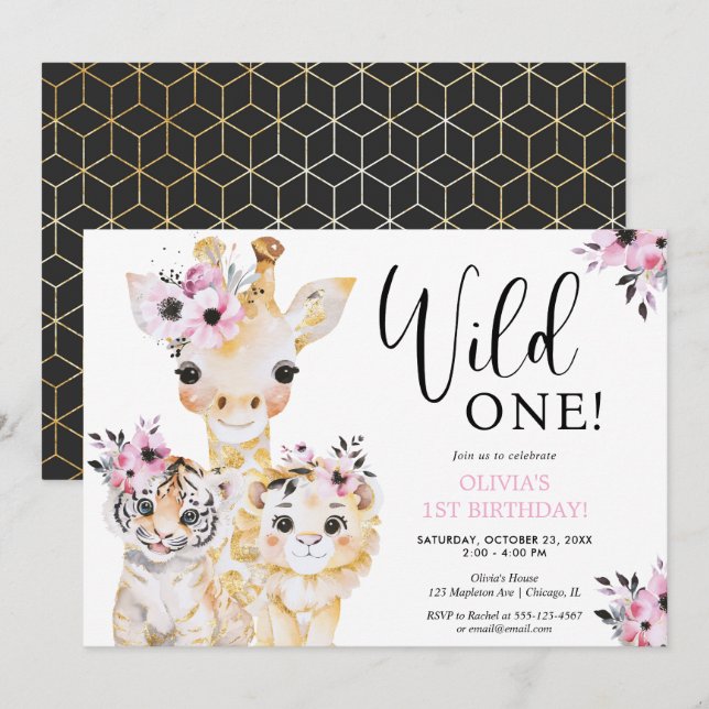 Invitation Chic Wild One safari filles 1ère fête d'anniversai (Devant / Derrière)