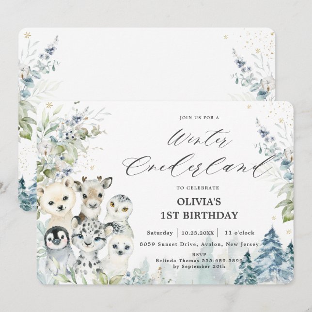 Invitation Chic Winter Arctic Animaux Onederland 1er annivers (Devant / Derrière)