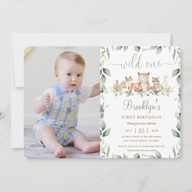 Invitation Chic Woodland Animaux 1er anniversaire Wild One Ph (Devant)