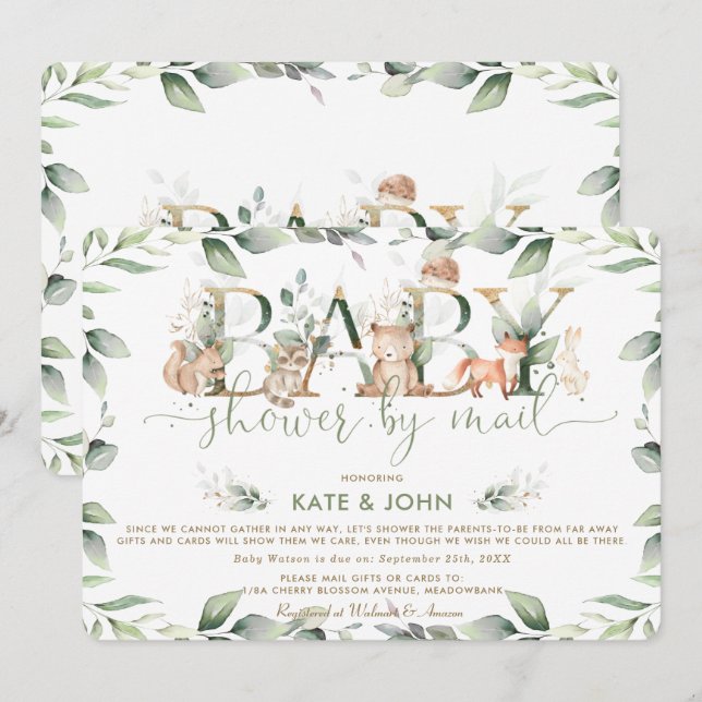 Invitation Chic Woodland Animaux Baby shower vert par la post (Devant / Derrière)