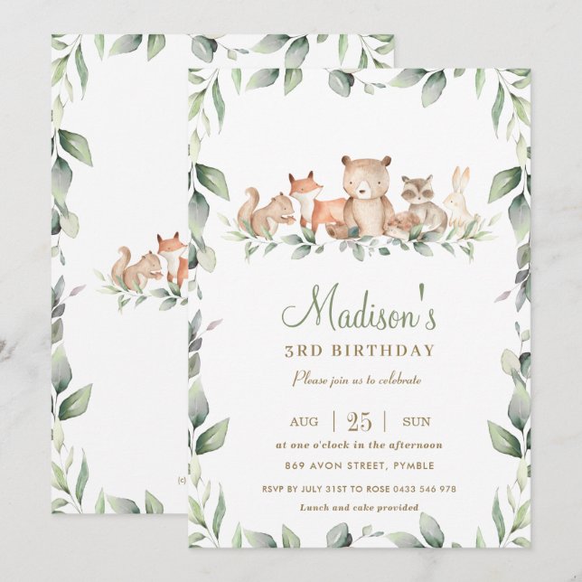 Invitation Chic Woodland Animaux La verdure L'Anniversaire De (Devant / Derrière)