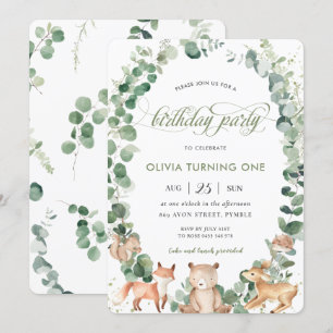 Invitation Chic Woodland Animaux Végétation 1er Anniversaire 