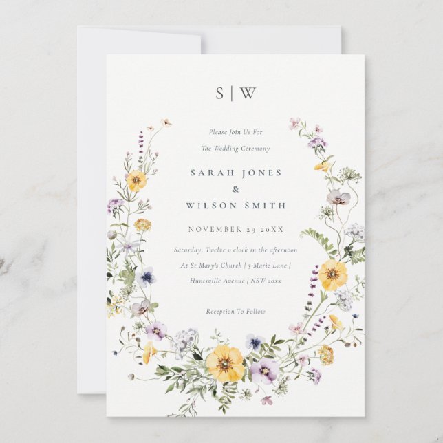 Invitation Chic Yellow Lilac Fleur sauvage Wreath  (Devant)