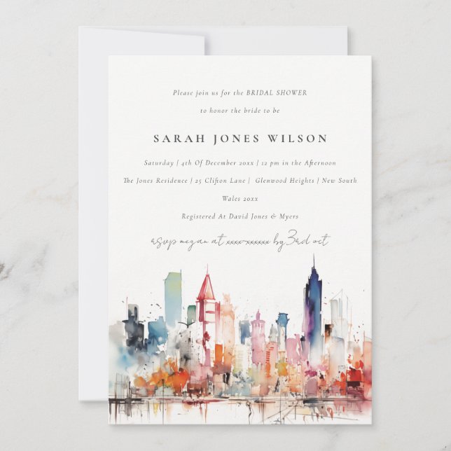 Invitation Chicago Illinois Watercolor Scape Bridal Shower (Devant)