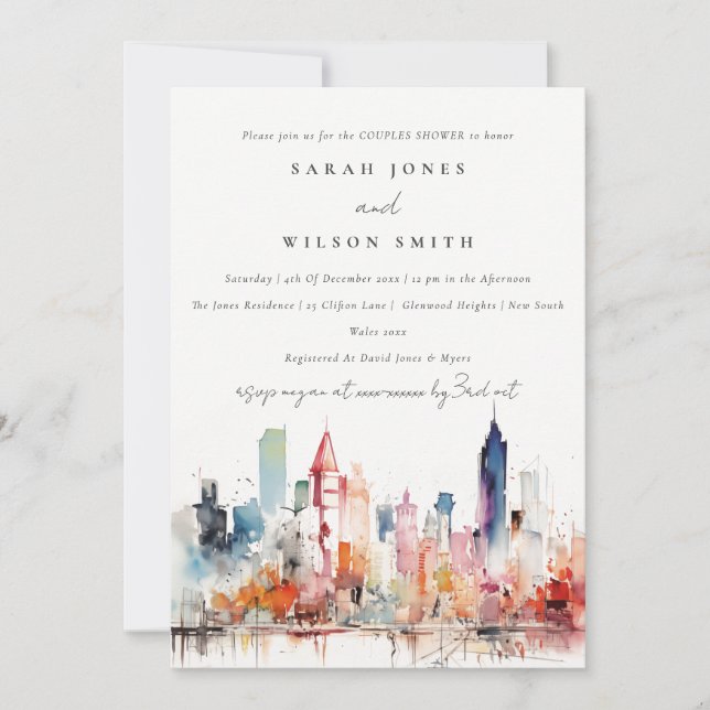 Invitation Chicago Illinois Watercolor Scape Couples Shower (Devant)