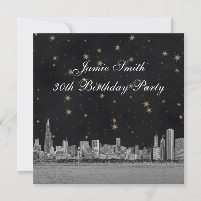 Invitation Chicago Skyline Black Gold Star fête d'anniversair (Devant)