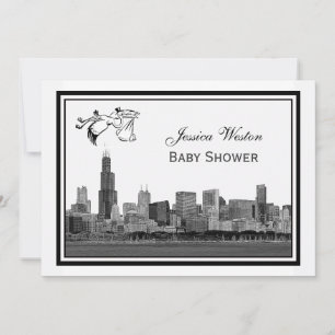 Invitation Chicago Skyline Etch encadré #2H Baby shower Stork