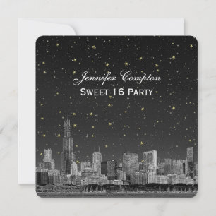 Invitation Chicago Skyline Etch Grey Starry SQ Sweet 16