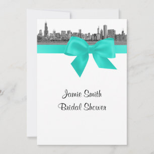 Invitation Chicago Skyline Etched BW Aqua Fête des mariées S