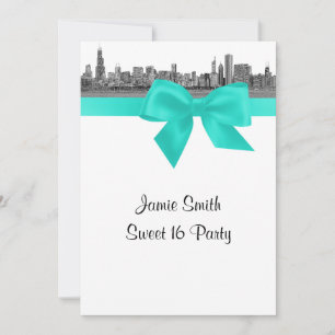 Invitation Chicago Skyline Etched BW Aqua Sweet sixteen