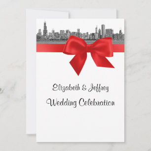 Invitation Chicago Skyline Etched BW Mariage rouge
