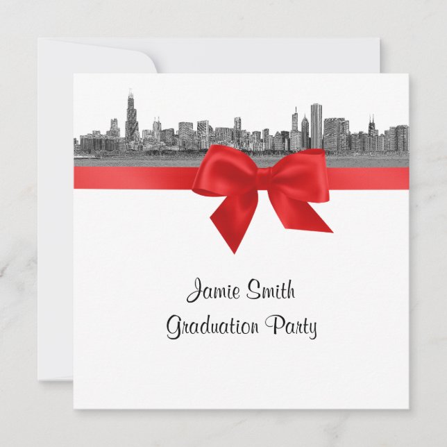 Invitation Chicago Skyline Etched BW Red SQ Graduation Party (Devant)