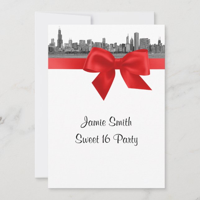 Invitation Chicago Skyline Etched BW Red Sweet sixteen (Devant)