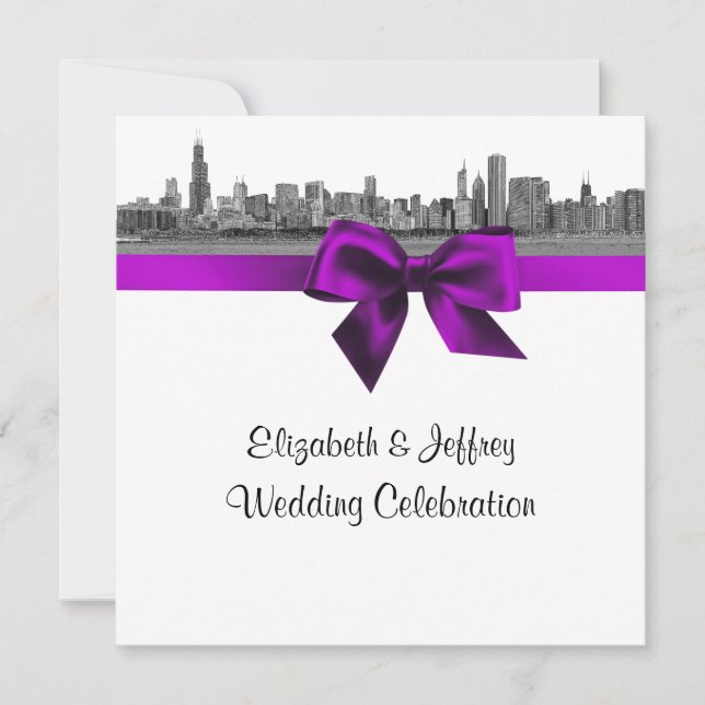 Invitation Chicago Skyline Etched BW SQ Violet Mariage (Devant)