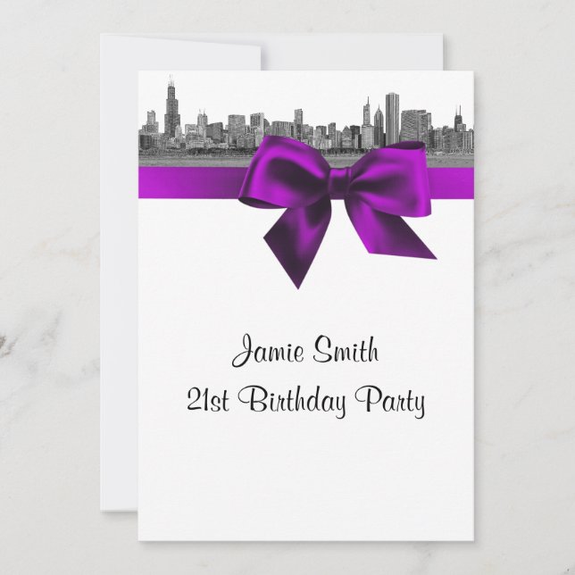 Invitation Chicago Skyline Etched BW Violet Anniversaire (Devant)