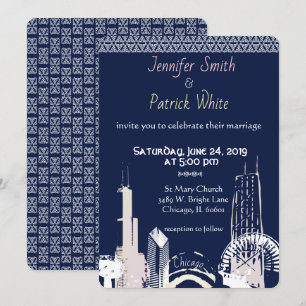 Invitation Chicago Skyline Navy élégant dentelle bleue