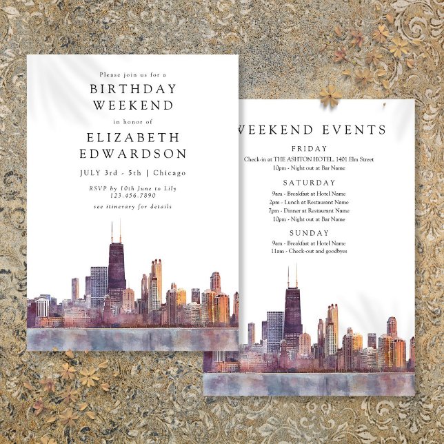 Invitation Chicago Skyline Watercolor Birthday Weekend (Chicago Skyline Watercolor Birthday Weekend Invitation)