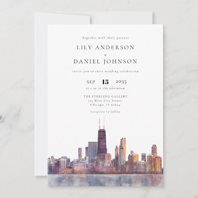 Invitation Chicago Skyline Watercolor QR Code Wedding (Devant)